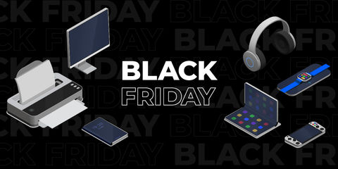 Grafica Black Friday con scritta centrale e illustrazioni di dispositivi tecnologici su sfondo nero.