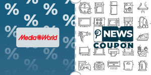 Logo MediaWorld su sfondo blu, affiancato dalla scritta News Coupon su sfondo con pattern di icone in bianco e nero.