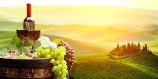 Bottiglia e calici di vino rosso con grappoli d’uva su botte in legno, con colline toscane illuminate dal sole al tramonto