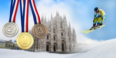 Medaglie primo, secondo e terzo posto, uno sciatore e sullo sfondo è rappresentato l'iconico Duomo di Milano.