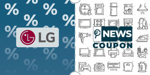 Logo LG su sfondo blu, affiancato dalla scritta News Coupon su sfondo con pattern di icone in bianco e nero.