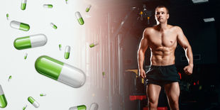 Illustrazione con capsule verdi e bianche su sfondo chiaro accanto a uomo molto muscoloso in palestra, simbolo di forza fisica e integrazione.