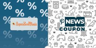 Logo AquaZooMania su sfondo blu, affiancato dalla scritta News Coupon su sfondo con pattern di icone in bianco e nero.