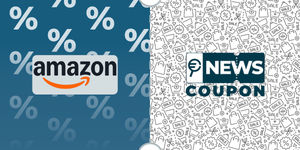 Logo Amazon su sfondo blu, affiancato dalla scritta News Coupon su sfondo con pattern di icone in bianco e nero.