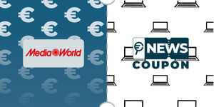 Logo MediaWorld su sfondo blu, affiancato dalla scritta News Coupon su sfondo con pattern di icone in bianco