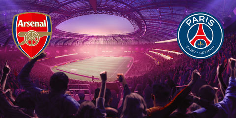 Stadio gremito illuminato di viola con tifosi esultanti e loghi di Arsenal e Paris Saint-Germain ai lati.