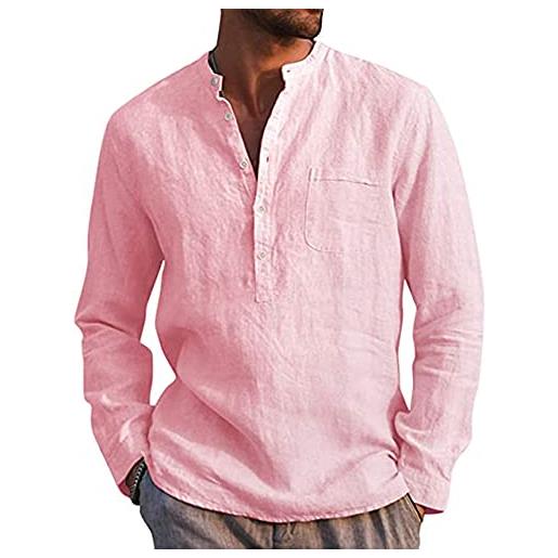 Cromoncent Camicia Uomo In Lino E Cotone Maniche Lunghe – Leggera E Traspirante, Taglia L Rosa