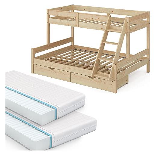 Letto A Soppalco 90 X 200 Cm Con Armadio, Ripiani Portaoggetti E Cassetti Pino Mdf Bianco Senza Materasso