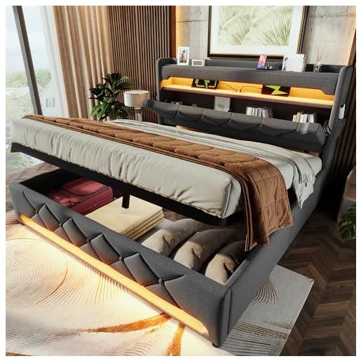 Letto Contenitore 140x200 Con LED E USB, Letto Imbottito Con Rete A Doghe Letto Matrimoniale Bianco 1