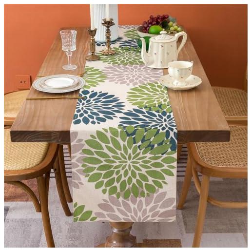 Runner Da Tavolo Moderno Con Motivo Floreale Primaverile Blu, 183x33 Cm, Beige. Perfetto Per Cucina E Soggiorno, Facile Da Lavare.