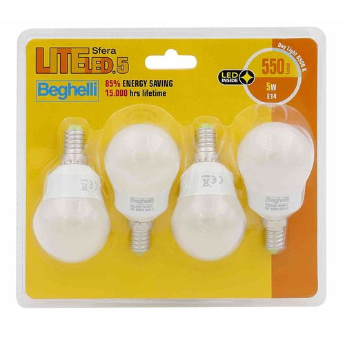 Beghelli Lampadine LED E14 TUTTOVETRO – 4 Pezzi, Luce Calda 3000K, 600lm, Vetro Opale