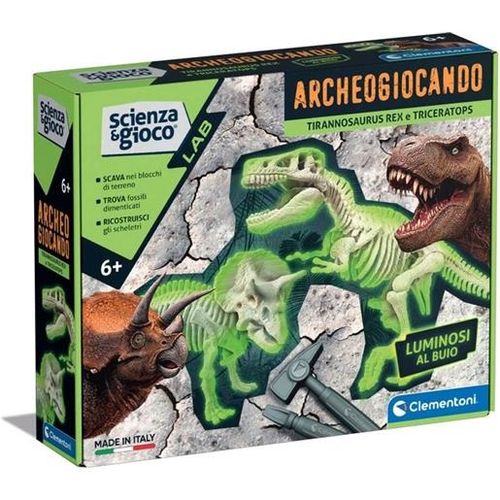 Clementoni 55538 Arqueojugando Triceratops fosforescente Juego de Ciencias, para Montar tu Propio Dinosaurio fosforescente y Descubrir la Ciencia de la arqueología, A Partir de 7 años