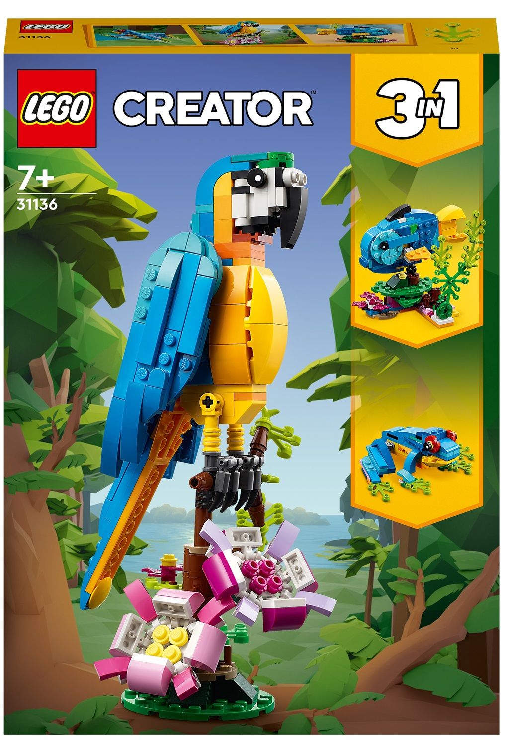 Lego creator 31136 pappagallo esotico, set 3 in 1 con pesce e rana
